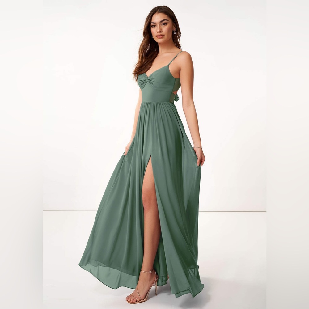 Floor length, chiffon, eucalyptus green UNALTERED bridesmaid dress